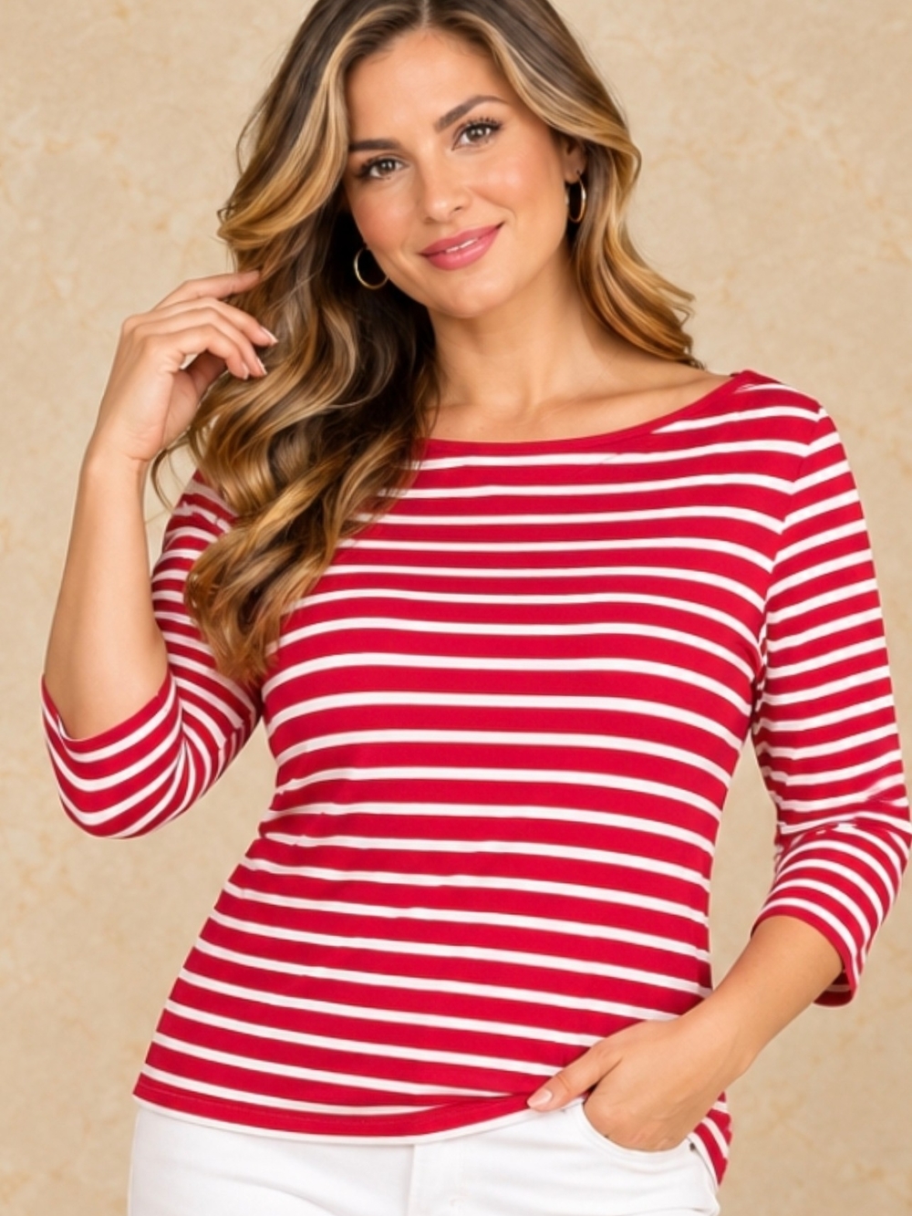 Merona Women's XL Red White Striped 3/4 Sleeve Boat Neck Top. Beautiful Merona w